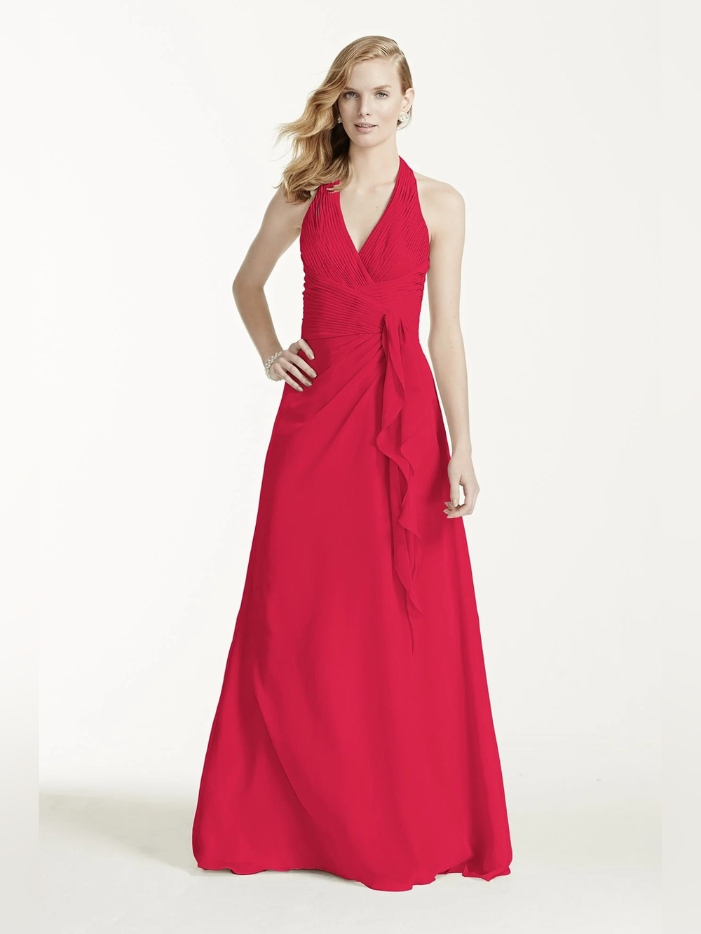 David's Bridal Red Chiffon Halter Draped Cascade Formal Dress Sz 12 Style F12688